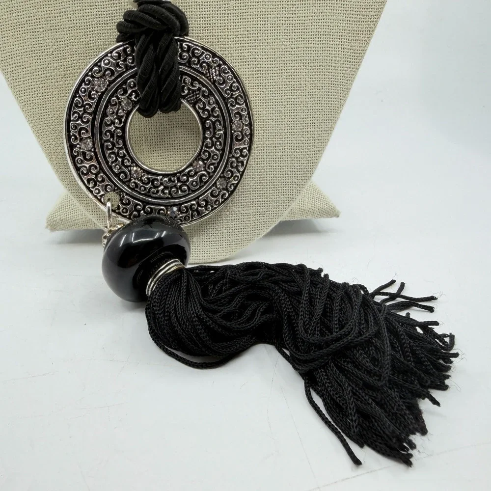 Necklace Vintage Black Cord Tassel Silver Tone Rhinestone Circle Pendant Boho